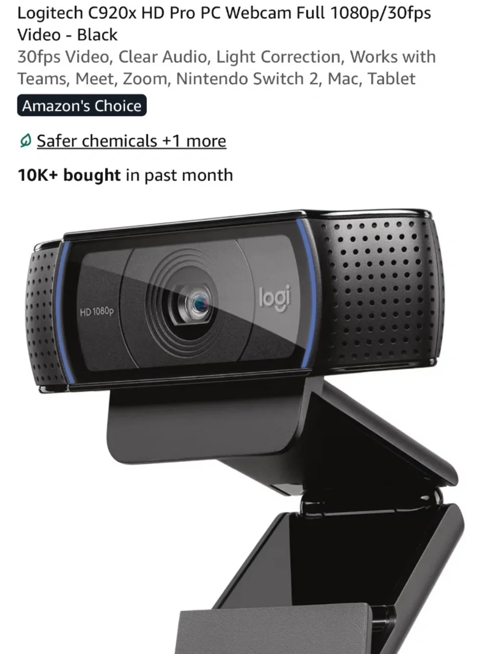 Logitech C920x HD Pro PC Webcam Full 1080p/30fps Video With Flexible Stand